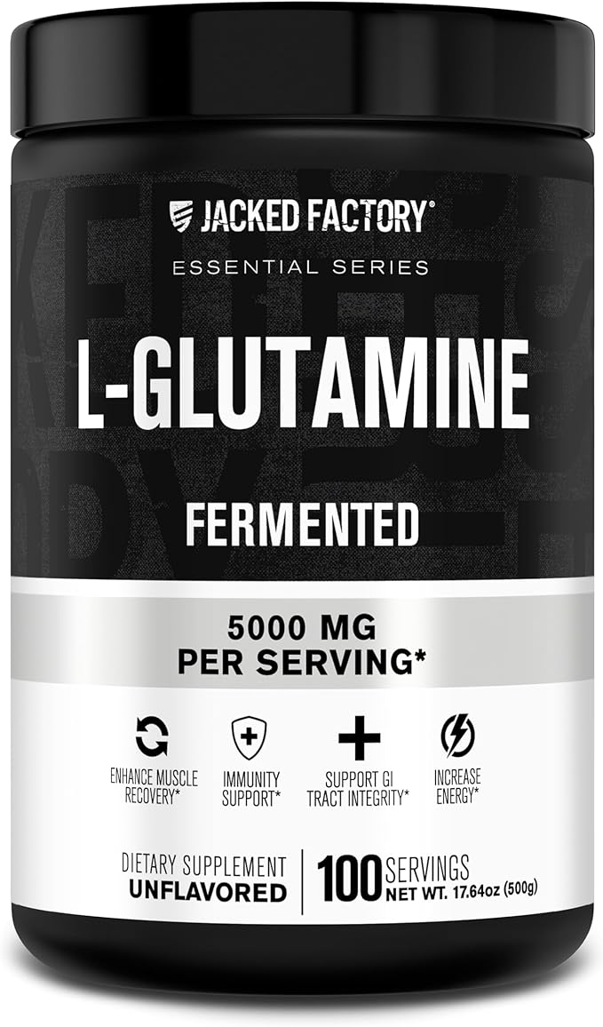 Jacked Factory L-Glutamine Powder 100 Servings - Vegan Fermented L Glutamine Supplement for Post Workout Muscle Recovery Immunity Digestive Health | No Artificial Filler - Unflavored