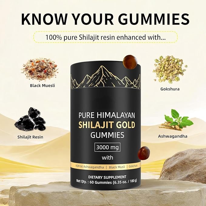 3000mg Himalayan Shilajit Gummies Gold for Men &amp Women - Organic &amp Natural with 85+ Essential Minerals &amp Fulvic Acid (1 Bottle)