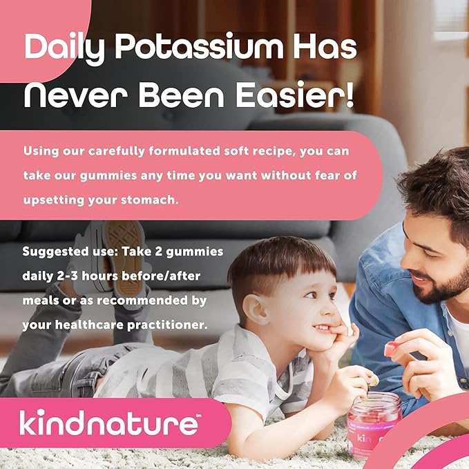 KINDNATURE High Potassium Gummies 500mg for Leg Cramps &amp Electrolyte Support - Chewable Pure Potassium Bicarbonate Supplement - Adults &amp Kids - Vegan Non GMO - 60 Gummies (30 Day Supply)