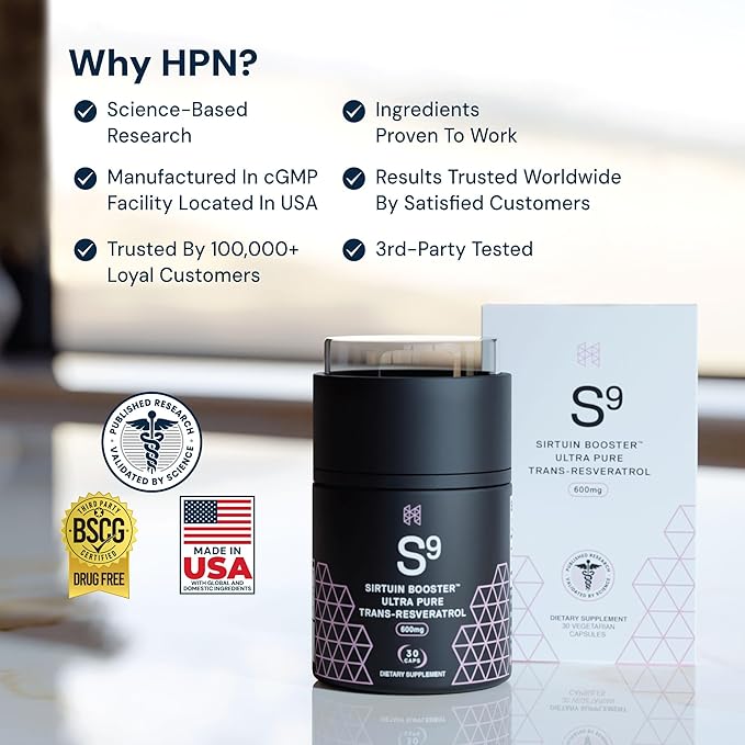HPN S(9) Sirtuin Booster Ultra Pure Trans Resveratrol Healthy Aging Antioxidant Supplement High Performance Nutrition 30 Capsules