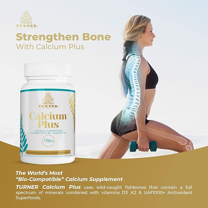 TURNER Calcium Plus All-Natural Marine Calcium Supplement with Magnesium + Vitamins K2 &amp D3 Supports Bone Density &amp Joint Health 1 Bottle 90 Capsules