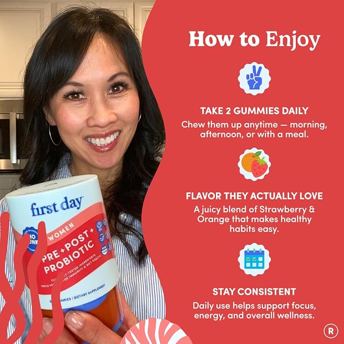 FIRST DAY Womens 3-in-1 Probiotic Gummies – Prebiotic + Probiotic + Postbiotic Supplement – Supports Digestive &amp Oral Health Immune Function &amp Energy Levels – 30-Day Supply