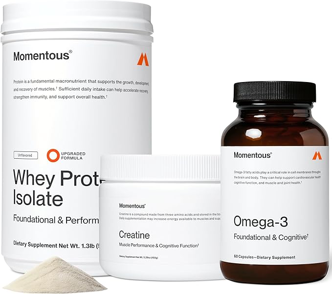 Momentous Three - Creatine Monohydrate Powder (30 Servings) Grass-Fed Whey Protein Powder (Unflavored) &amp Omega-3 Fish Oil 1600mg - Daily Essentials for Strength Performance &amp Lean Muscle Rec