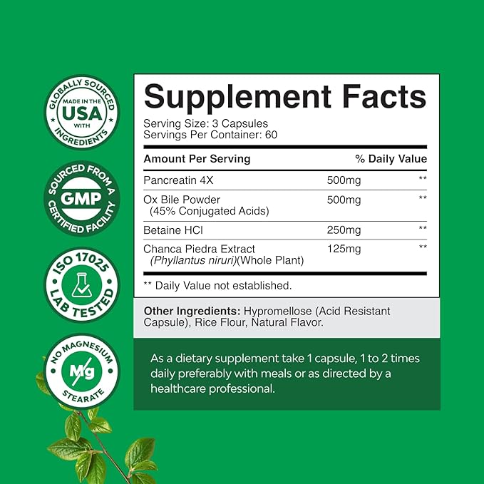 Ox Bile Salts for Gallbladder Support - Purified Bile Salts Supplement with Pancreatin Digestive Enzymes Ox &amp Betaine HCL - Supplements for No Gallbladder &amp Digestive Health 180 Count (Pack of