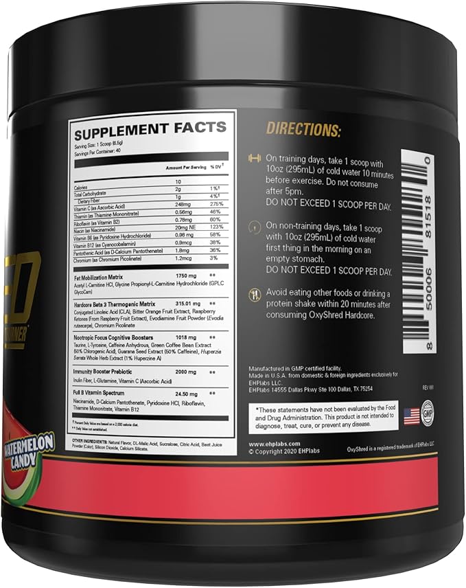 EHP Labs OxyShred Hardcore Super Dosed Pre Workout Powder - Preworkout Powder with L Glutamine &amp Acetyl L Carnitine Energy Boost Drink - 275mg of Caffeine - Watermelon Candy 40 Servings
