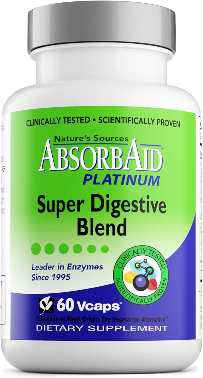AbsorbAid Platinum Digestive Enzyme Support 60 vCaps 12 Digestive Enzymes Plus 2 Probiotics for Maximum Relief