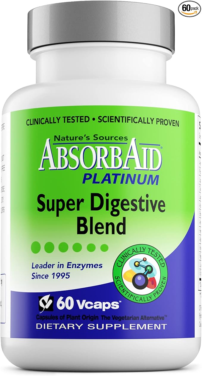 AbsorbAid Platinum Digestive Enzyme Support 60 vCaps 12 Digestive Enzymes PLUS 2 Probiotics for Maximum Relief