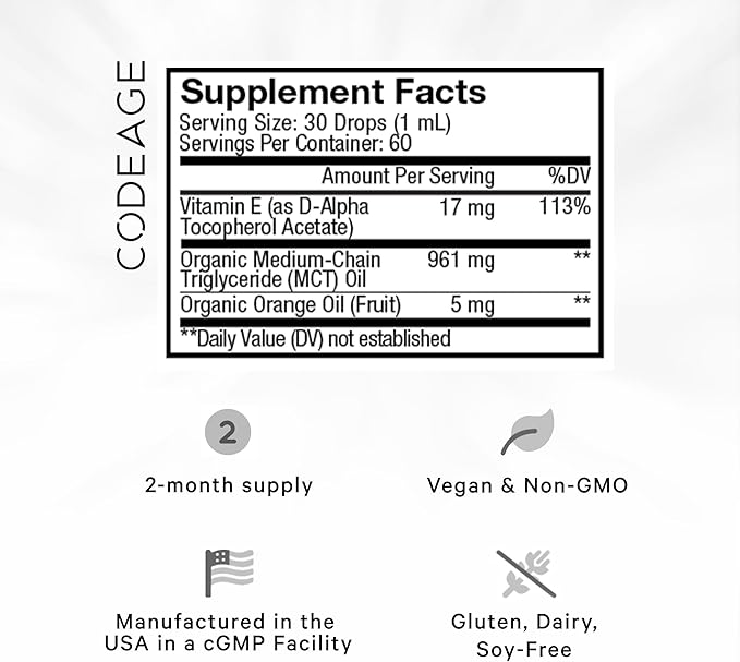 Codeage Liquid Vitamin E+ - USDA-Certified Organic Vitamin E - 2-Month Supply - D-Alpha Tocopherol Acetate Organic MCT Oil Orange Fruit Oil Unflavored Non-GMO Vegan Gluten-Free 2 fl oz