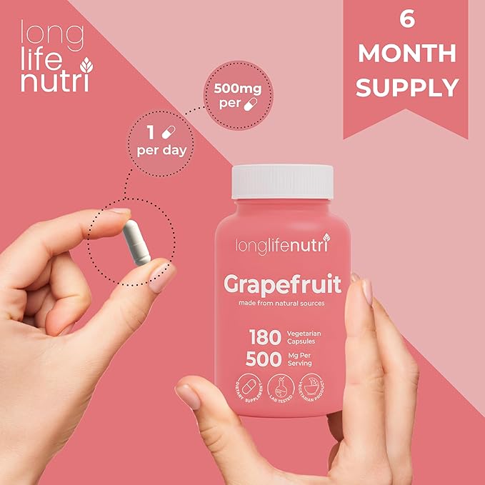 Grapefruit Seed Extract 500mg - Derived from Citrus Paradisis 180 Vegetarian Capsules Organic Naringin Supplement for Daily Energy &amp Balance 6-Month Supply GMP Certified Made in USA