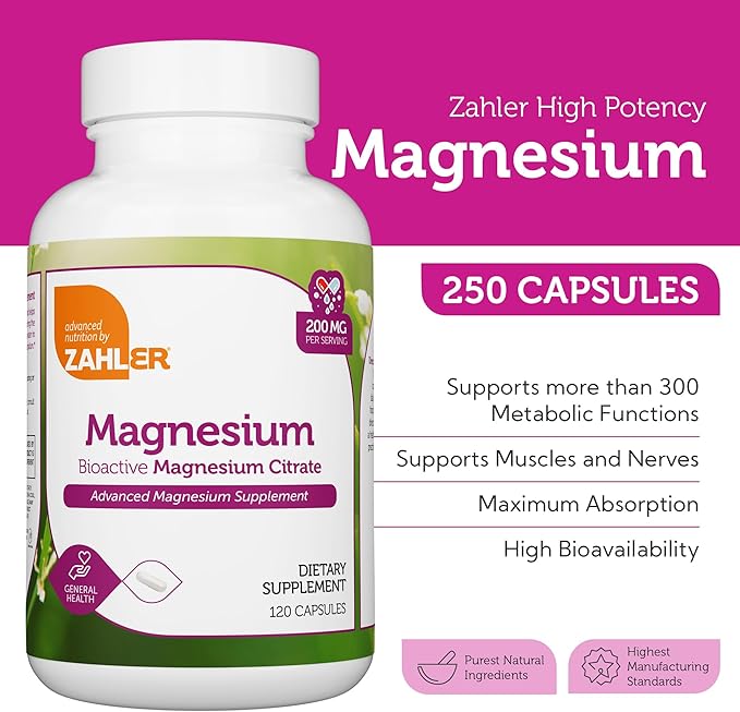 Zahler - Magnesium Supplement Capsules 200 mg (250 Count) Certified Kosher Bioactive Magnesium Citrate for Max Absorption - Natural Magnesium Mineral for Men &amp Women - Best Magnesium Supplements