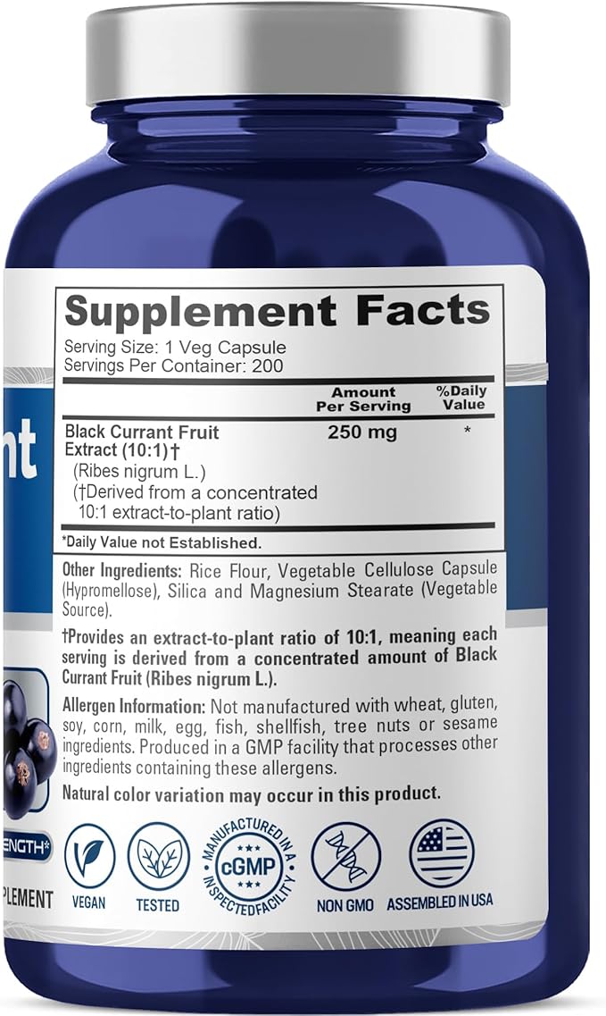NusaPure Black Currant Capsules 250 mg 200 Veg Capsules (Non-GMO Vegan)