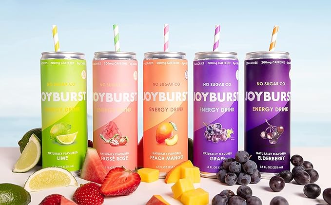 No Sugar Joyburst Energy Drink Elderberry 0 Calorie 0 Sugar Sugar Free Energy Drink with Natural Caffeine Hint of Sweetness and Refreshing Sparkling Water - 12 Packs