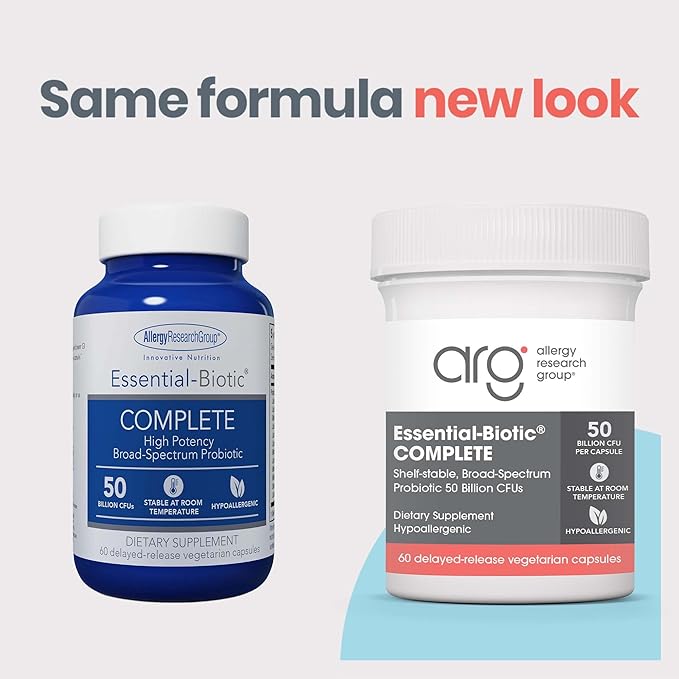 Allergy Research Group Essential-Biotic Complete Supplement - High Potency Probiotics for Men &amp Women Supports Gut &amp Digestive Health 50 Billion CFUs Delayed-Release Vegetarian Capsules - 6