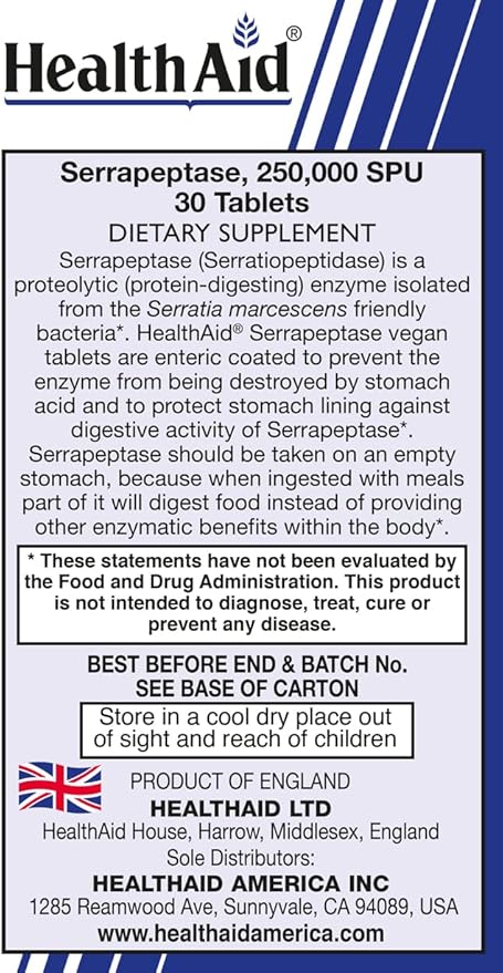HealthAid Serrapeptase 250000 SPU – Extra High Potency Once-Daily Enteric-Coated Vegan Tablets | Delayed-Release Proteolytic Enzyme for Systemic Enzyme Support