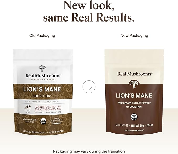 Real Mushrooms Lions Mane Mushroom Supplement - Organic Lions Mane Extract Powder for Overall Wellness with Adaptogens – Functional Vegan Non-GMO Blend with 60 Servings