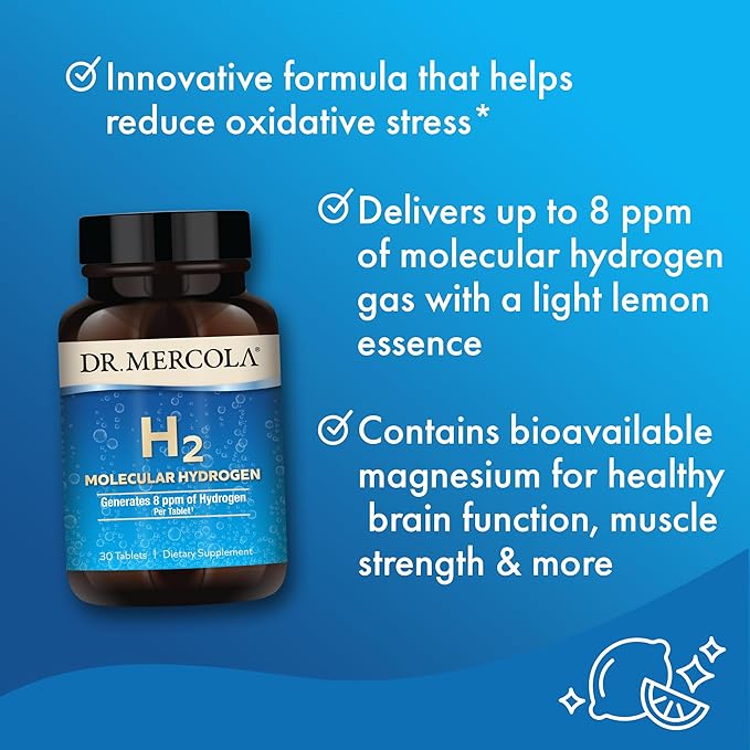 Dr. Mercola H2 Molecular Hydrogen - Supports Healthy Aging Cellular Energy &amp Brain Health - with Elemental Magnesium - GMO-Free Gluten-Free &amp Soy-Free - 30 Tablets (30 Servings)