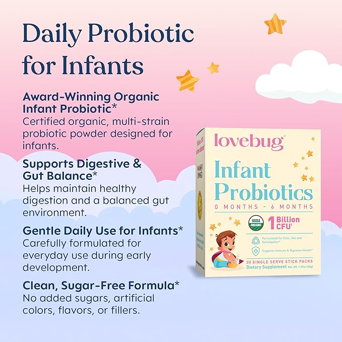 LOVEBUG Infant Probiotics 0-6 Months - USDA Organic Probiotics for Babies Supports Baby Gas Colic Reflux Diarrhea and Newborn Constipation Relief Allergen &amp Sugar Free Tasteless Powder 30 P