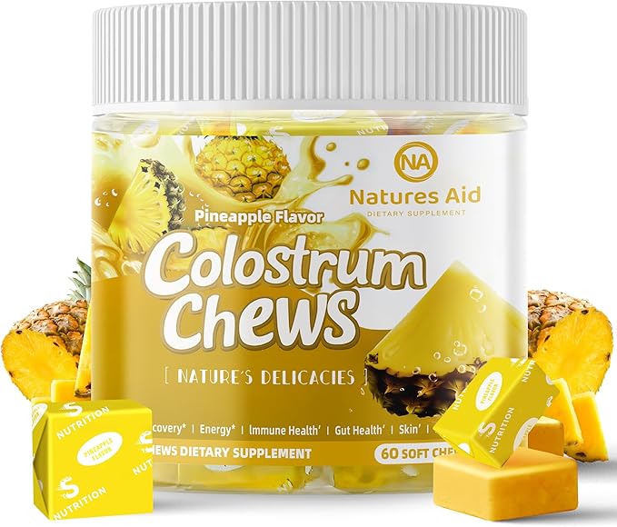 Colostrum Chews Supplement with probiotics for Gut Health Bloating Immune Support Skin Hair Growth and Beauty - Pineapple Flavor (60 Servings)