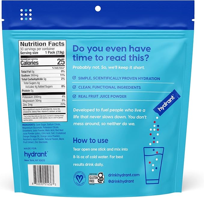 HYDRANT - Hydrate Electrolyte Powder Fruit Punch Flavor 30 Rapid Hydration Individual Stick Packs - Low Sugar Drink Mix for Daily Use Travel &amp Workouts