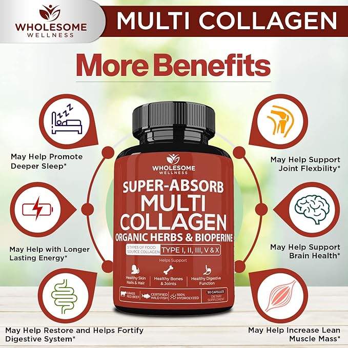 Wholesome Wellness Digestive Enzymes 1000MG Plus Prebiotics &amp Probiotics Supplement + Super-Absorb Multi Collagen Pills (Type I II III V X) Organic Herbs and Bioperine Bundle