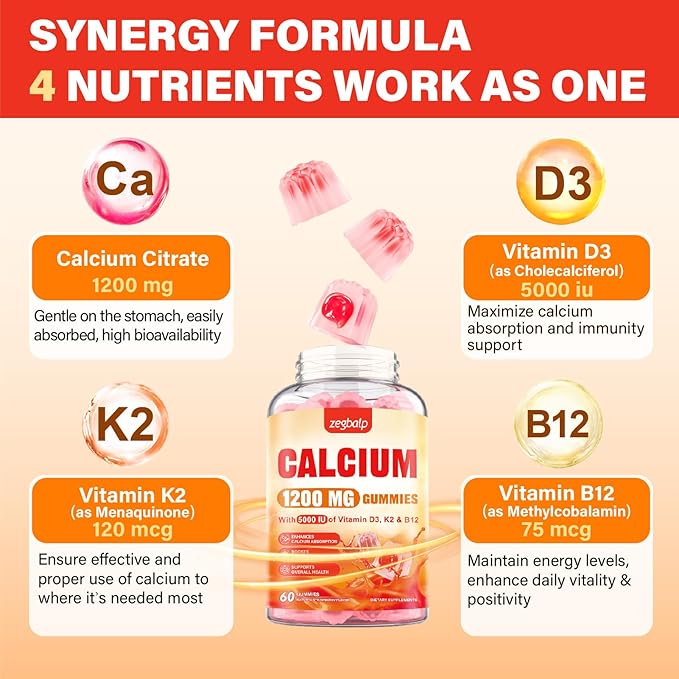 Calcium 1200 mg with Vitamin D3 Supplement for Adults - Calcium Gummies with Vitamin D3 5000IU K2 B12 for Women Men - Extra Absorption Calcium Citrate - Natural Strawberry Flavor 60 Gummies