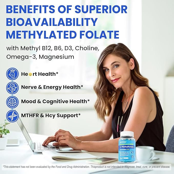 L Methylfolate Gummies &amp Methyl B12 Active 5-Mthf Methylated Folate 5mg Supplement for Women Men w/Methyl B ComplexCholineMagesiumOmega-3Methyl Folate for MethylationFocusMoodSugar Free1P