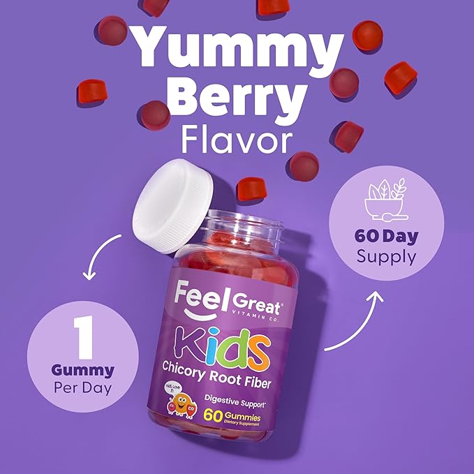 The Feel Great Vitamin Company Fiber Gummies for Kids for Digestive Support | Constipation Relief for Kids | Fruity Flavored Chewable Fiber Gummies | Vegetarian Supplements | 60 Day Supply