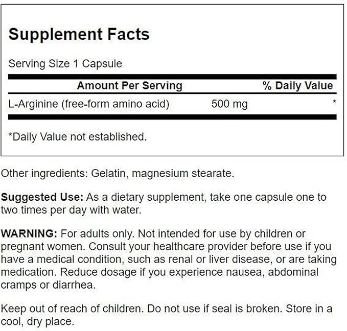 Swanson Amino Acid L-Arginine 500 Milligrams 100 Capsules (4 Pack)