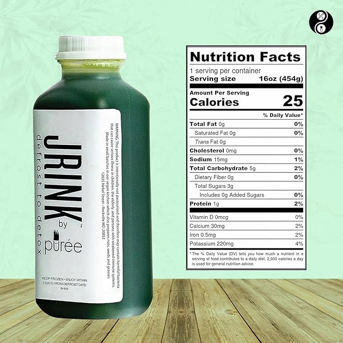 JRINK by Purée Daily Green Juice Cold Pressed Organic Fruit and Vegetable Blend Detox Cleanse Healthy Raw Greens Drink No Preservatives Juice Cleanse 16oz HDPE Bottles Pack of 24