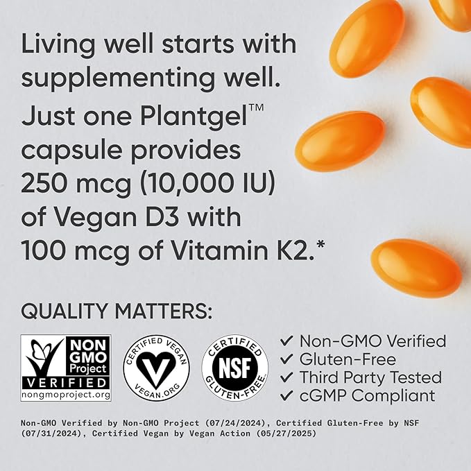 Sports Research® Vitamin D3 + K2 with 10000iu of Plant-Based D3 &amp 100mcg of Vitamin K2 as MK-7 | Non-GMO Verified &amp Vegan Certified 60ct