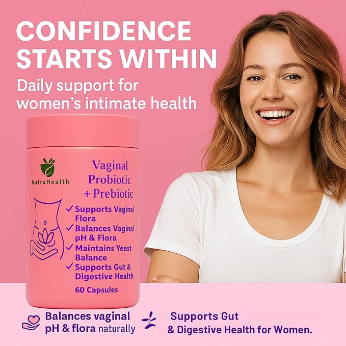 Vaginal Probiotic + Prebiotic for Women – Supports pH Balance Yeast &amp Odor – with Lactobacillus rhamnosus reuteri – Gut &amp Feminine Health – 60 Capsules