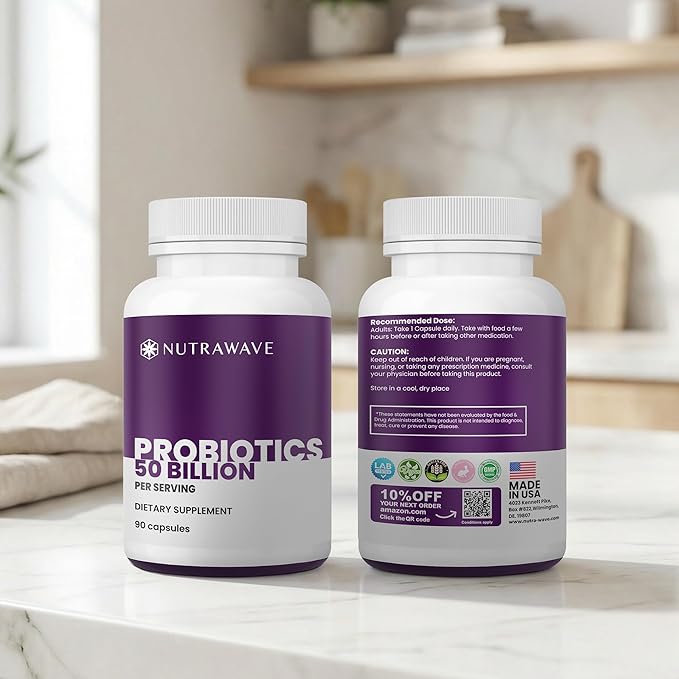 NEW Nutrawave 50 Billion Probiotics for Women &amp Men 15 Strains Active Culture. Relieves Bloating &amp Constipation Improved Digestion &amp Gut Health Supplement Vegan. 60 Powerful Small Capsu