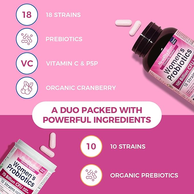 NewRhythm VagFlora Carefree Bundle Women's Probiotics 100 Billion CFU &amp Women's Probiotics 70 Billion CFU PH Balance Vaginal Urinary &amp Digestive Health Non-GMO