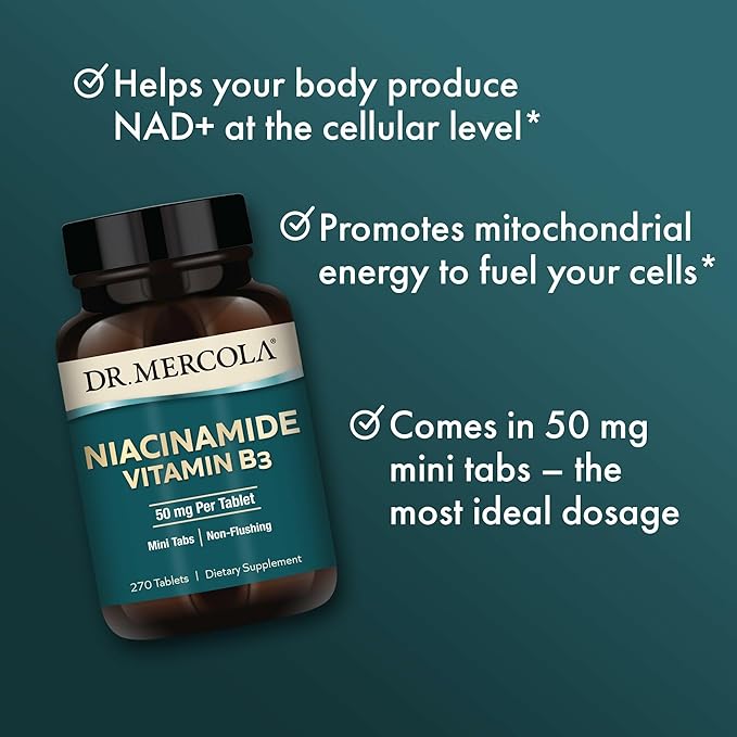 Dr. Mercola Niacinamide Vitamin B3-50 mg per Tablet - Supports Metabolic Health - Non-Flushing - Mini Tabs - Non-GMO Gluten-Free &amp Soy-Free - 270 Servings (90 Tablets)