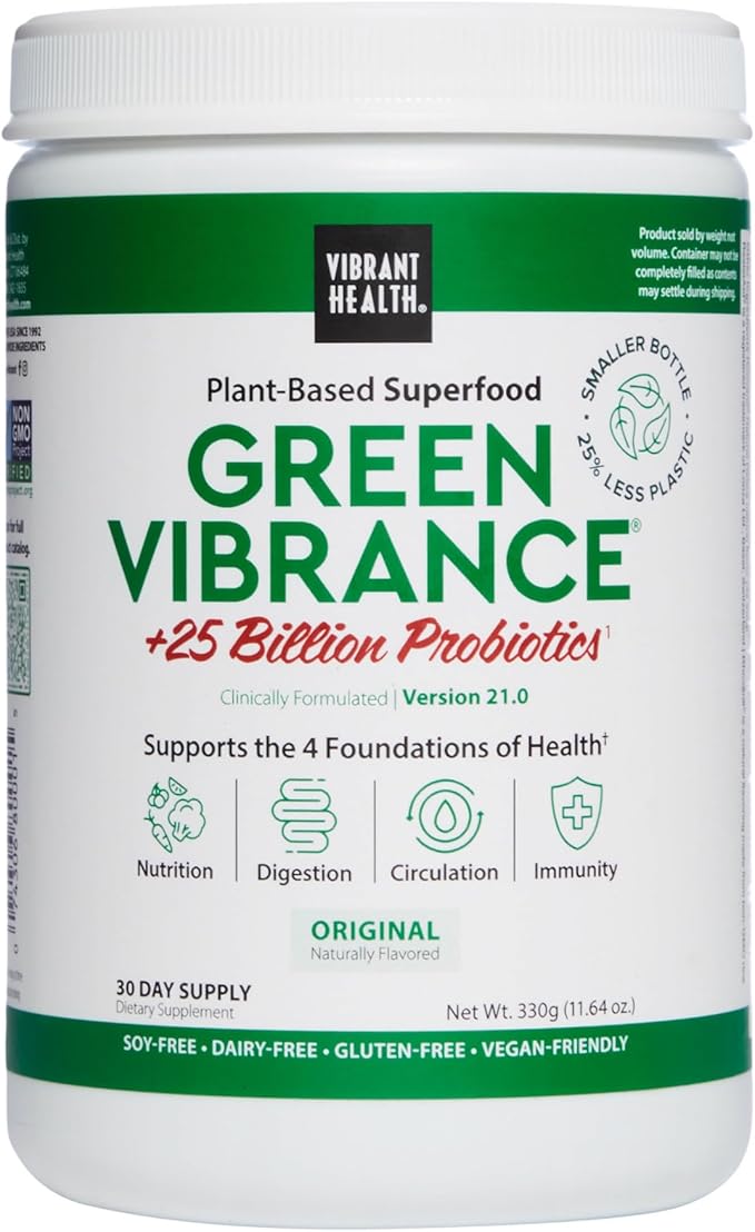 Vibrant Health Green Vibrance Includes 65 Plant-Based Superfoods 25 Billion Probiotics Fiber Adaptogens &amp Enzymes 30 Servings