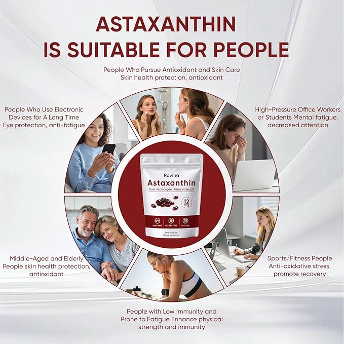 Rovina Astaxanthin 12mg Softgels - Premium Astaxanthin from Microalgae Triple Strength Immune Support - Non-GMO &amp Gluten Free 200 Softgels (1)