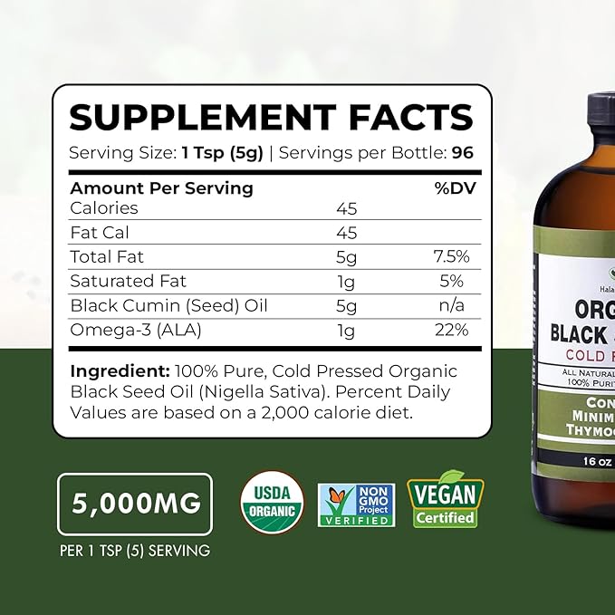 Organic Black Seed Oil - USDA Certified Cold Pressed Glass Bottle Over 1.5% Thymoquinone 3X strength Turkish Black Cumin Nigella Sativa non-GMO 100% Pure Blackseed Oil (32oz Glass (2X16) Bottle)