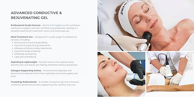 Zemits FirmingGenius Pro | Conductive Gel with Peptides Hyaluronic Acid &amp Vitamin E | Hydrating Non-Greasy | For Facial &amp Body Beauty Devices (16 fl oz)