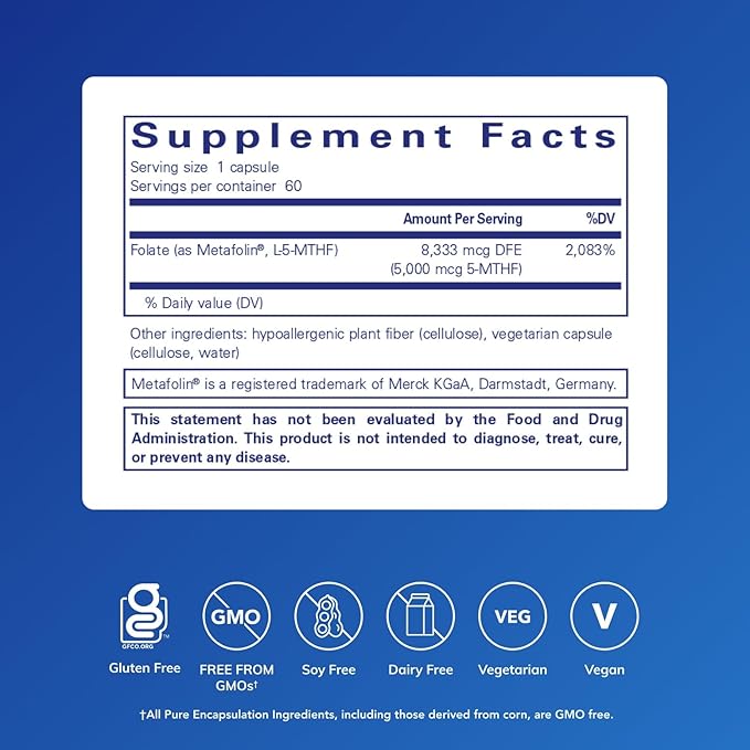 Pure Encapsulations - Folate 5000 - Activated Vitamin B9 as 5-Methyltetrahydrofolate (5-MTHF) - 60 Capsules