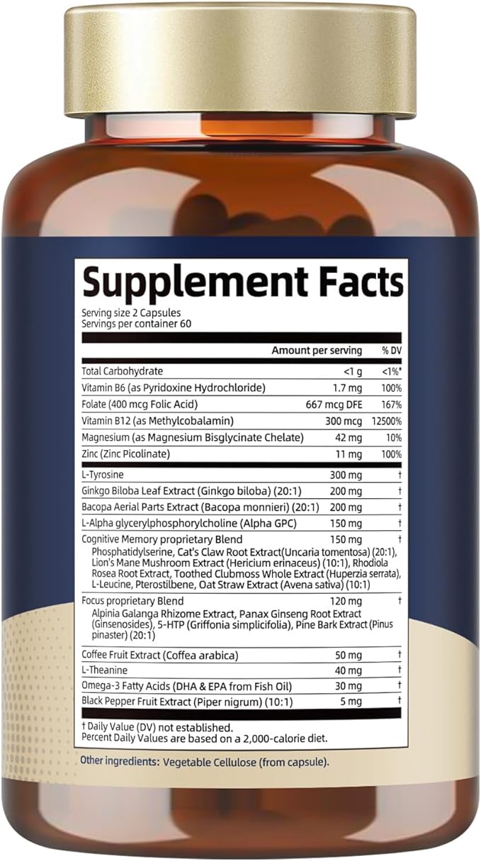 Totaria C-ognitive with Caffeine Pills L-Tyrosine Alpha GPC Ginkgo Biloba Bacopa Monnieri Brain Supplement for Memory and Focus Brain Nootropic Support - Non-GMO Gluten Free (2 Packs)