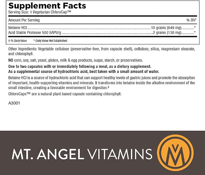 Mt. Angel Vitamins - Hydrochloric Acid Betaine Supports Healthy Digestion &amp Gastric Juices (100 Vegetarian Chlorocaps)