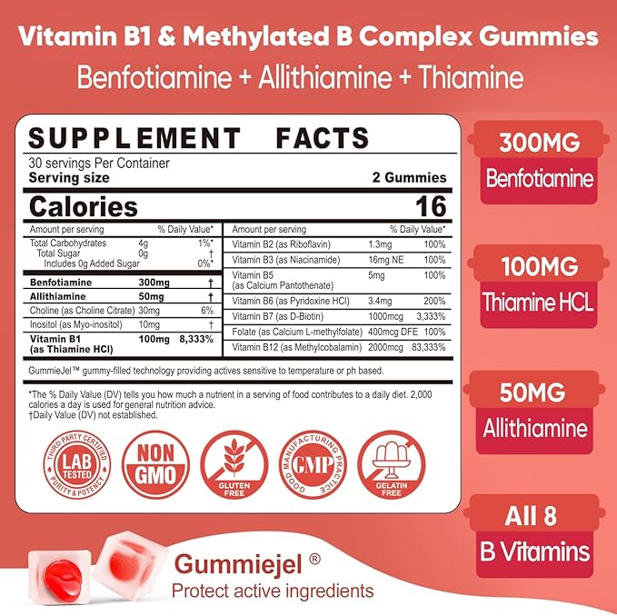 Vitamin B1 &amp Methylated Vitamin B Complex Gummies - All B Vitamins Benfotiamine Thiamine &amp Inositol Methylated B1 B2 B6 Multivitamins L-methylfolate Methyl B12 for Nerve Cognition Energy