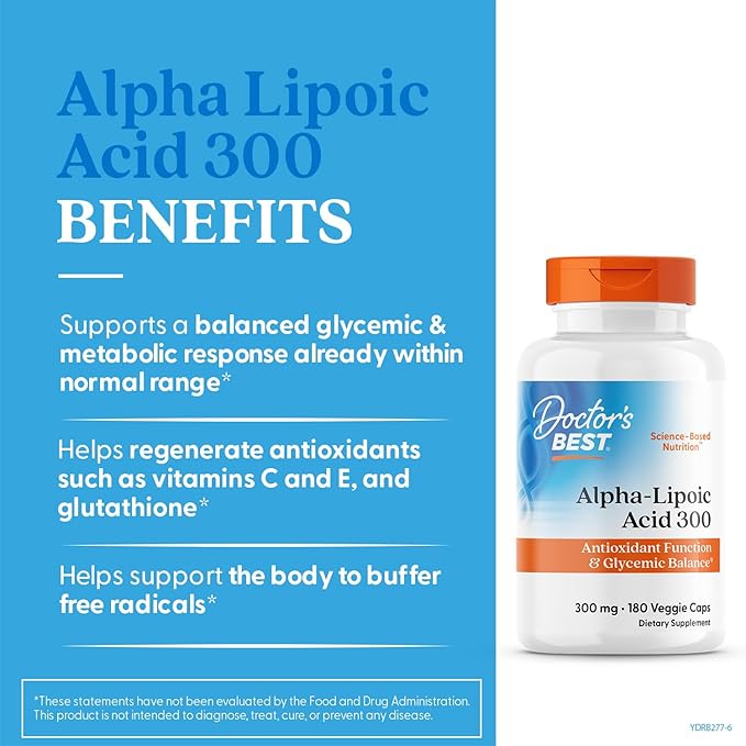 Doctor's Best Alpha Lipoic Acid Supplement 300mg - Alpha-Lipoic Acid Caps for Men &amp Women ALA Antioxidant Support for Nerve Health Aids in Cellular Function Non GMO Gluten Free - 180 Veg Capsu
