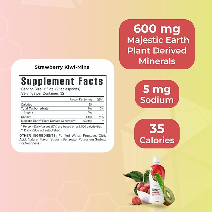 Youngevity Strawberry Kiwi-Mins Plant Derived Multi-Mineral Complex - Made from Humic Shale - Liquid Colloidal Form - Kid Friendly Taste - (32oz)