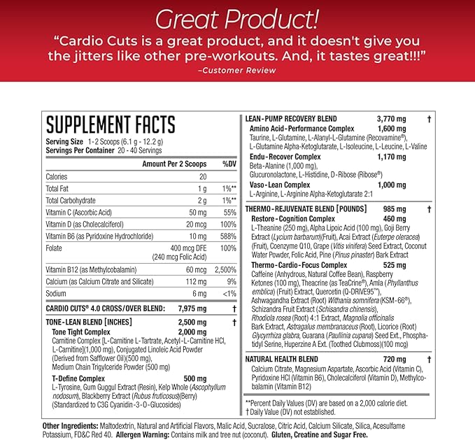 Cardio Cuts NDS Nutrition 4.0 Pre Workout Supplement - Advanced Weight Loss and Pre Cardio Formula with L-Carnitine CLA MCTs L-Glutamine and Safflower Oil - Cherry Slush (40 Servings)