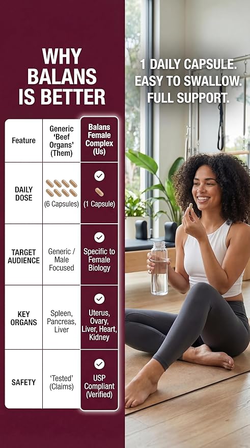 Balans Grass Fed Beef Organs for Women – Liver Uterus Ovary Heart &amp Kidney Complex – Supports Hormone Balance Energy Iron &amp Skin. (60 Pills 350mg) – Pasture Raised Freeze Dried 60 Day