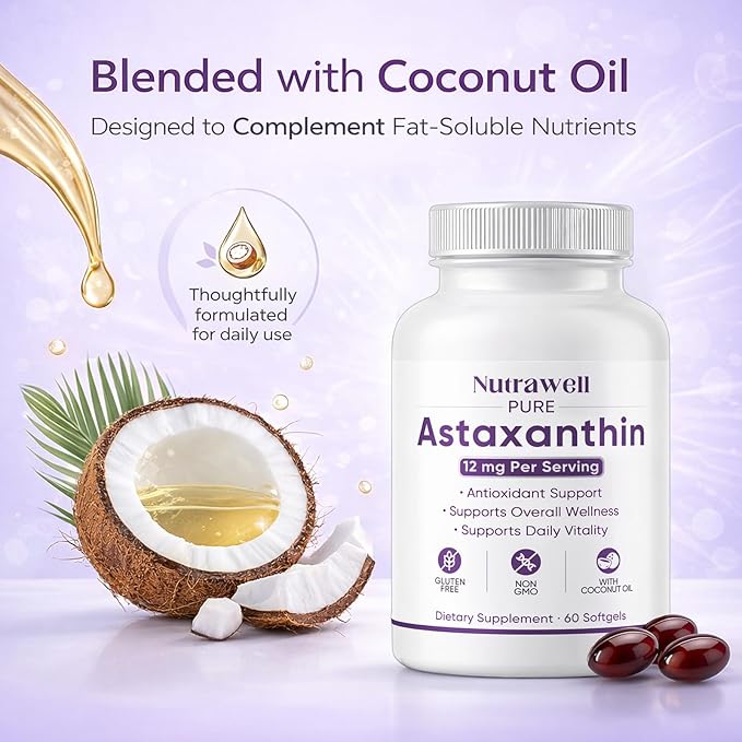 NutraWell Astaxanthin 12mg with Coconut Oil Antioxidant Support Supplement Non-GMO Gluten Free 60 Softgels