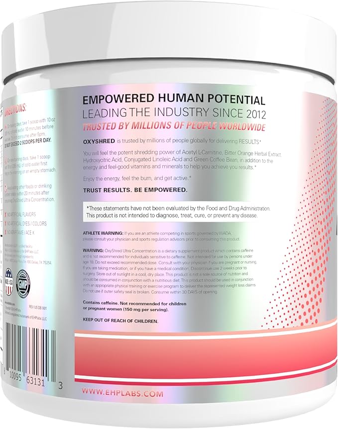 EHP Labs OxyShred Pre Workout Powder - Preworkout Powder with L Glutamine &amp Acetyl L Carnitine Energy Boost Drink - Juicy Watermelon 60 Servings