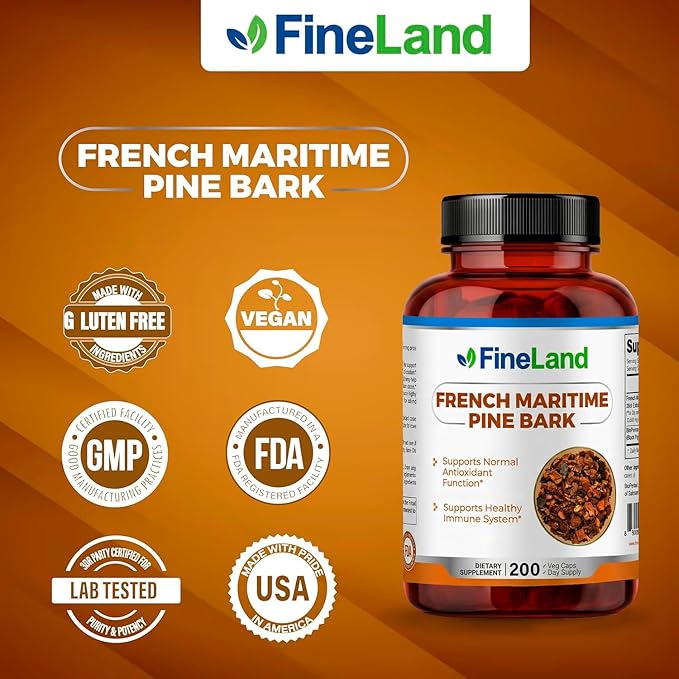 FineLand French Maritime Pine Bark 30:1 Extract Max Strength 450 mg Per Serving Antioxidant 200 Veggie Caps of Pine Bark Supplement for 200 Days 100% Natural