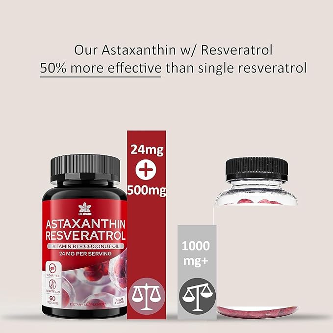 Astaxanthin Supplements 24mg Gummies with Resveratrol Vitamin B1 Coconut Oil - Algae Organic Antioxidants for Men &amp Women Healthy Aging Skin Eyes Immune - Vegan Sugar-Free Non-GMO 120 Serv